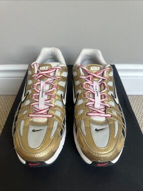 Nike Metallic Gold, White & Black Air Zoom Spiridon Sneakers with Red Accents